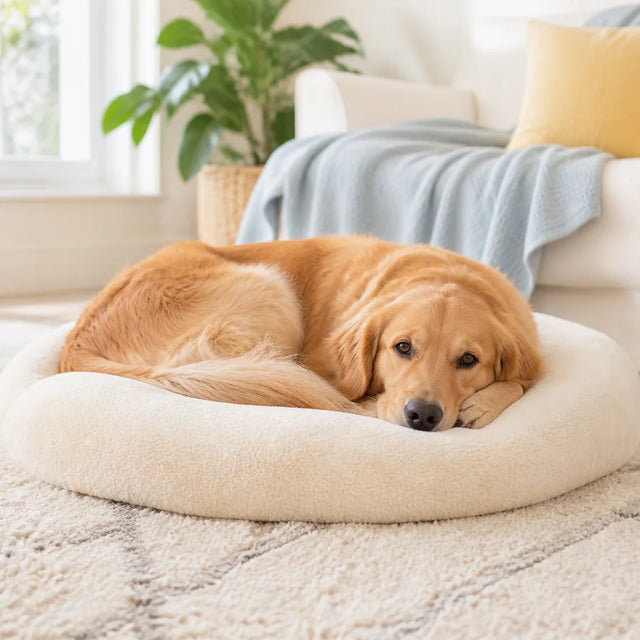 Dog asleep in a soft round bed