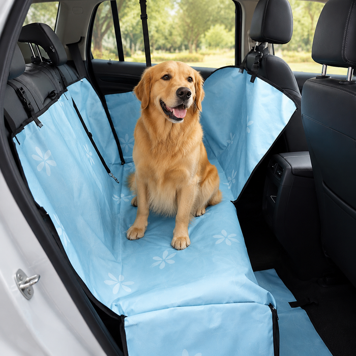 Golden Retriever sitting on a blue FurBuddy waterproof dog car seat cover